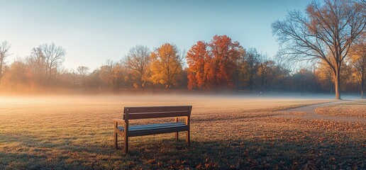 Misty autumn morning park scene with a wooden bench.