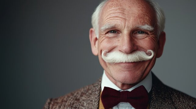 Close up portrait of grinning old-fashioned trendy elegant wealthy professional flirty trendsetter hipster grandpa sharp dressed with maroon bow-tie twisting white mustache isolated on grey background