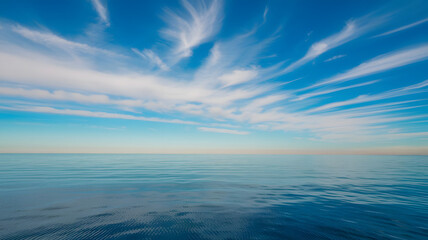 Fototapeta premium A calm ocean horizon meeting a vibrant, cloudless blue sky