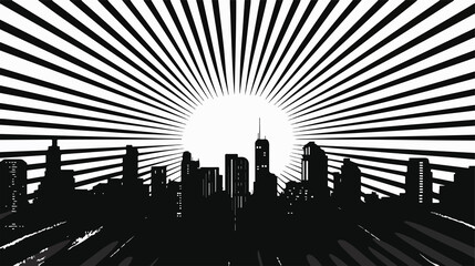Naklejka premium Cityscape Silhouette Sunset with Sunburst - Urban Skyline Evening View Photo