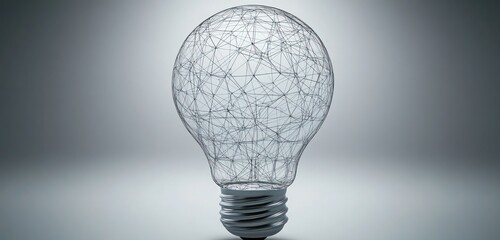 Abstract network of lines and connections inside a light bulb, representing interconnected ideas, on a gradient gray background.