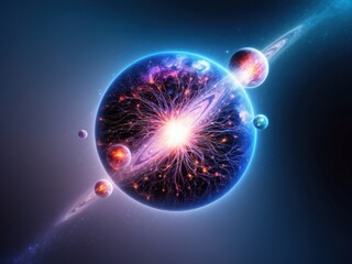 Fototapeta premium Surreal space scene with vibrant glowing planets and galaxies formed by interconnected neurons, symbolizing the cosmic connection between the universe and the human brain