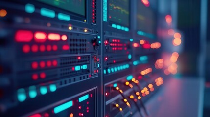 Fiber optic testing equipment glowing with operational lights, professional setup