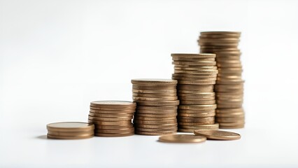 Coin on white background, stacks of coins isolated from each other, sorted by level,