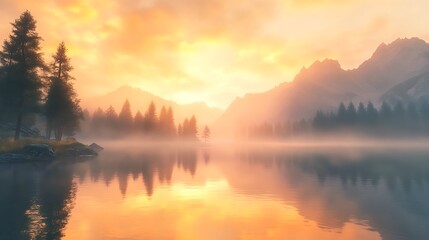 Obraz premium Serene sunrise over a misty lake, reflecting the golden light on mountains and trees.