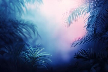 A captivating and mystical jungle scene enveloped in shadows, beneath a vibrant and colorful sky blending shades of pink and blue, suggesting tropical allure.