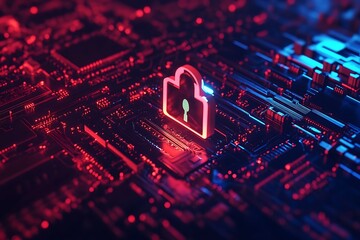 A digital lock symbol over a circuit board, representing cybersecurity and data protection.
