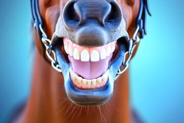 A humorous close-up photo of a horse with its mouth open, showing teeth and tongue in a playful and charismatic manner, captures a moment of fun and lightheartedness.