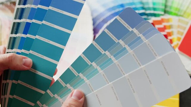 Color pallet, choosing the color by designer, furniture real estate or construction works. Creative graphic designer workspace, Work space of architect.