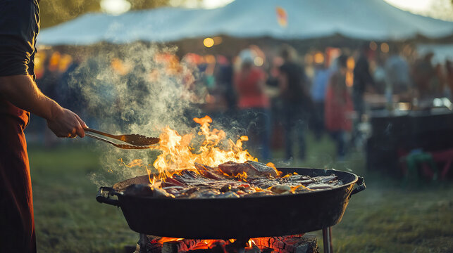 A vibrant and lively outdoor barbecue event featuring grilling, fragrant smoke, and joyful community gatherings
