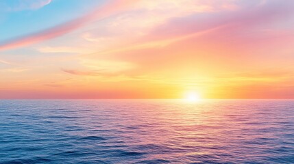 Naklejka premium A serene ocean view at sunset, showcasing vibrant colors blending in the sky above calm waters, Ideal for travel blogs, relaxation themes, or environmental projects