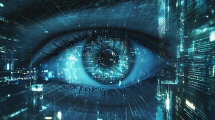 A futuristic eye with digital elements, symbolizing technology and perception.
