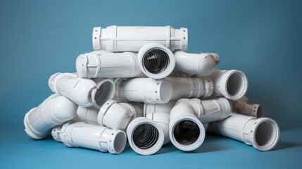 Fototapeta premium White pvc plumbing pipes with a minor water leak set against a gray background for plumbing issues