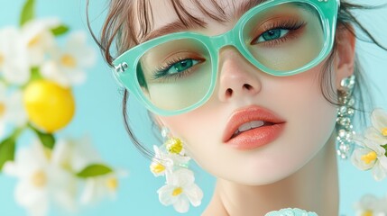Fototapeta premium A close-up portrait of a woman wearing oversized mint green sunglasses, adorned with floral accessories, against a vibrant turquoise background, Ideal for fashion, beauty, and summer campaigns,