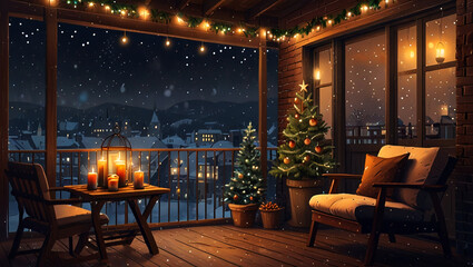 Fototapeta premium illustration of a balcony with a beautiful Christmas tree and candles
