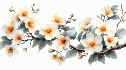 Elegant floral branch with soft pastel flowers and delicate leaves
