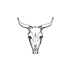 Vector illustration of hand drawn black and white bull skull with horns.