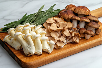 Fototapeta premium Freshly harvested mushrooms arranged on a wooden board