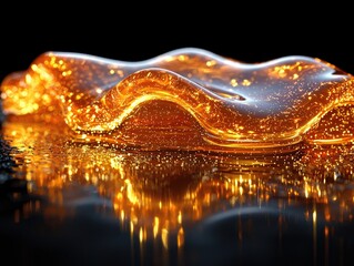Fototapeta premium A vibrant pool of liquid honey sits serenely on a sleek black background, reflecting light and creating captivating golden ripples and bubbles in every direction