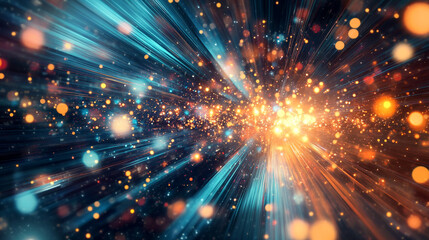 Obraz premium Abstract Light Speed Burst Energy Glowing Particles Starry Night Cosmic Rays Bokeh