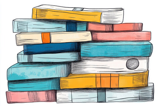 Hand-drawn stack of colorful books in sketch style, symbolizing knowledge and creativity