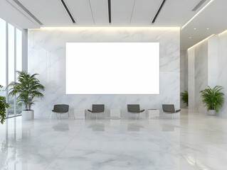 Office interior signage mockups - Modern lobby with marble walls, seating, and a large blank screen for presentations.