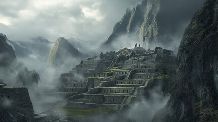 Fototapeta premium Mysterious Ancient City in Misty Mountains Travel Exploration History Adventure