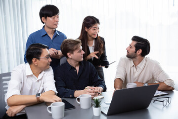 Group of diverse office worker employee working together on strategic business marketing planning in corporate office room. Positive teamwork in business workplace concept. Prudent