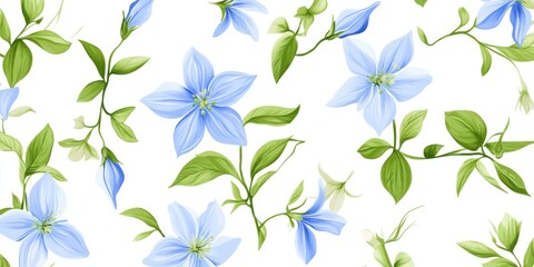 Delicate blue flowers and green leaves pattern