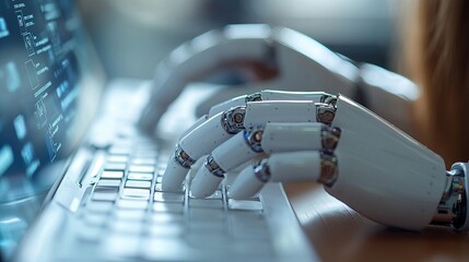 White Robot Hand and Human Hand Typing on Computer Keyboard in Futuristic AI Collaboration Concept