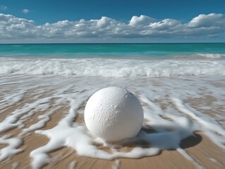 Giant white egg rests on a tranquil beach