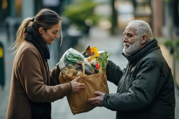 Woman helping elderly man by handing groceries on a city street during daytime