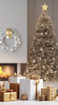 Christmas tree and gifts in a modern room - vertical animation