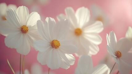 Delicate white cosmos flowers on pink background