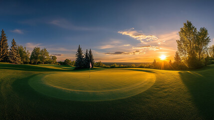 Scenic Sunset Golf Course Green  Putting Green  Fairway  Summer Landscape