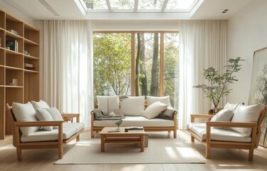 Fototapeta premium Modern living room with large windows, white walls, and natural light creating a bright and inviting atmosphere