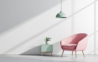 Minimalist room with pastel pink armchair and mint green pendant light casting shadows on white walls