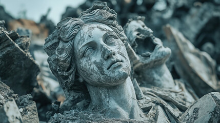 Naklejka premium A haunting scene of neglected, broken statues amid debris, beautifully capturing the essence of time and decay