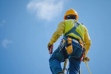 Fototapeta premium Worker demonstrates safety techniques while climbing a tall structure on a clear day