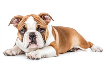 Fototapeta premium English bulldog rests on the floor looking sad and contemplative in a cozy indoor space