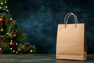 Holiday gift bag near decorated Christmas tree