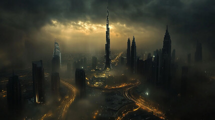 Fototapeta premium Dramatic Night Skyline Dubai Cityscape Fog Skyscrapers Urban Landscape Golden Hour
