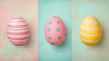 Fototapeta premium Pastel Easter Eggs Pink Yellow Teal Striped Polka Dot Decor