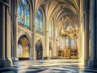 Fototapeta premium Sunlit cathedral interior, stained glass, grand altar.