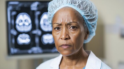 Portrait of a senior female doctor in a lab coat and surgical cap standing in front of brain scan images.