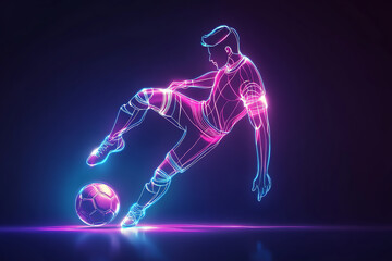 A neon outline of a soccer player performing a kick with a glowing ball.