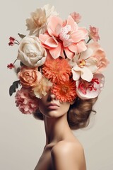 A woman from shoulders up, her face adorned with exquisite flowers