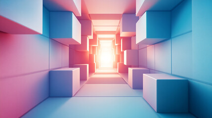 Abstract Cube Tunnel  Pink Blue Gradient  Bright Light  3D Render  Modern Architecture  Fu
