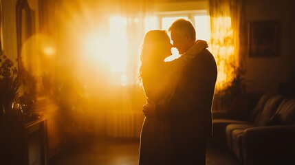 Silhouette of a loving senior couple embracing at sunset in their living room.