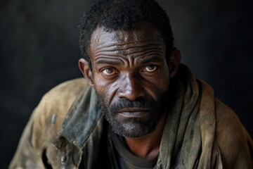Obraz premium Portrait capturing a homeless man with deep and thoughtful expression in a dimly lit setting